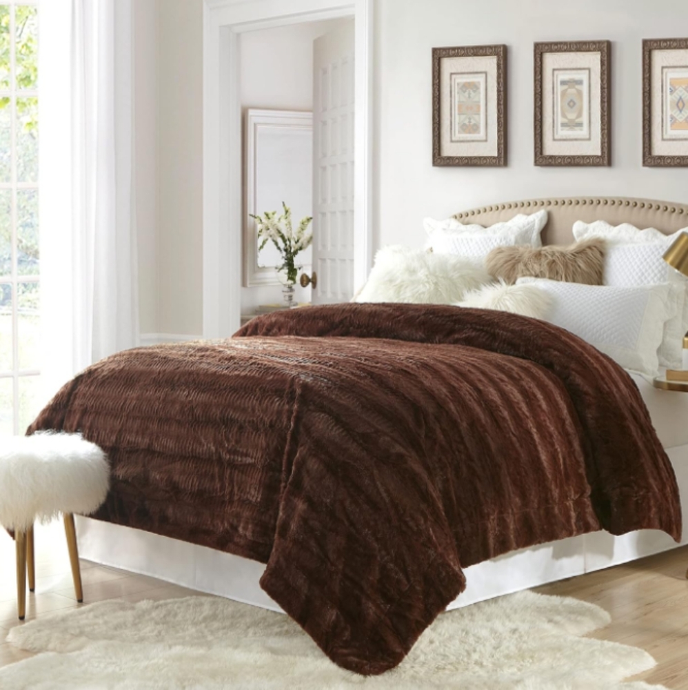 Queen Size Soft Faux Fur Blanket Full Cinnamon Brown Lightweight Bedspread New